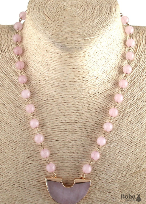 Boho Necklace, RH Rose Quart Amazonite, Half Moon Pink Natural Stone